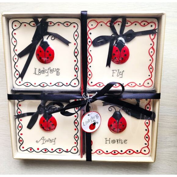 LADYBUG HANGING TILES-Embossed Ladybug-Black Hanging Ribbon-4.5"x4.5"-Set of 4 - Picture 1 of 11
